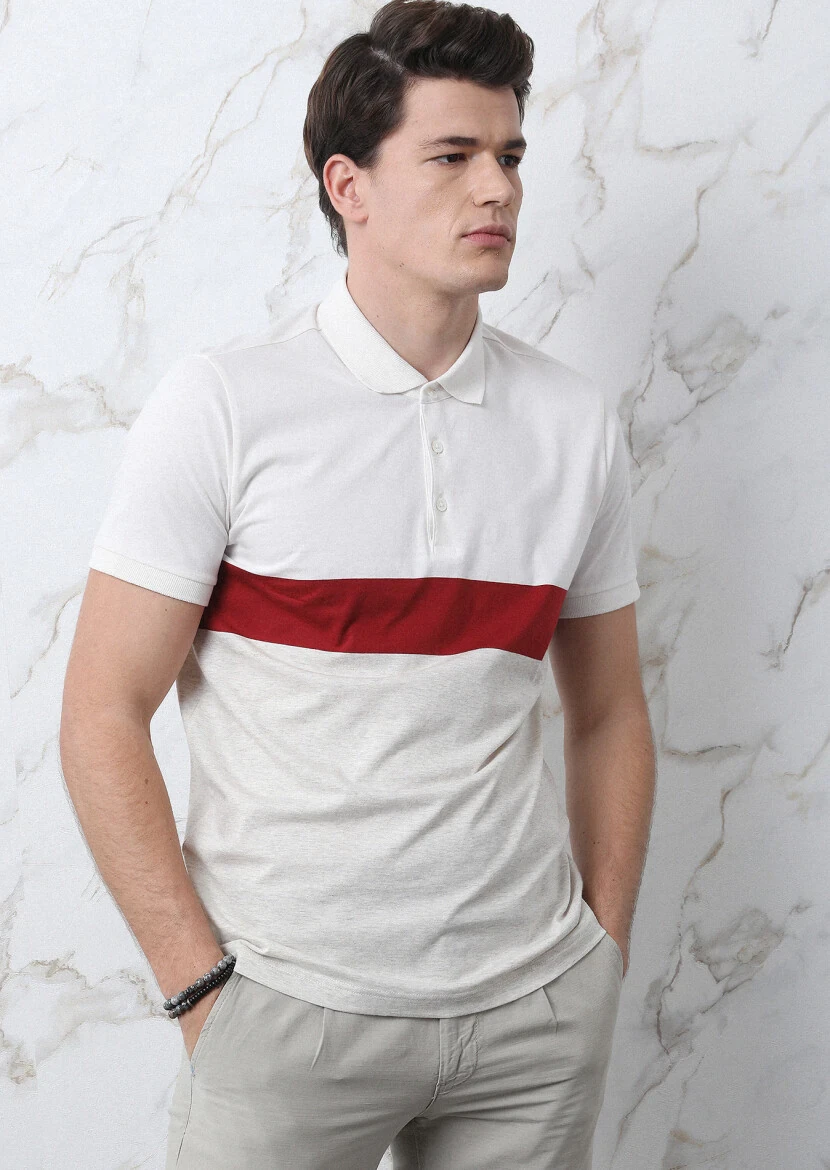 Ecru Striped Polo Neck 100% Cotton T-Shirt - 4