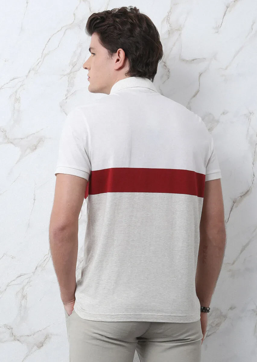 Ecru Striped Polo Neck 100% Cotton T-Shirt - 5