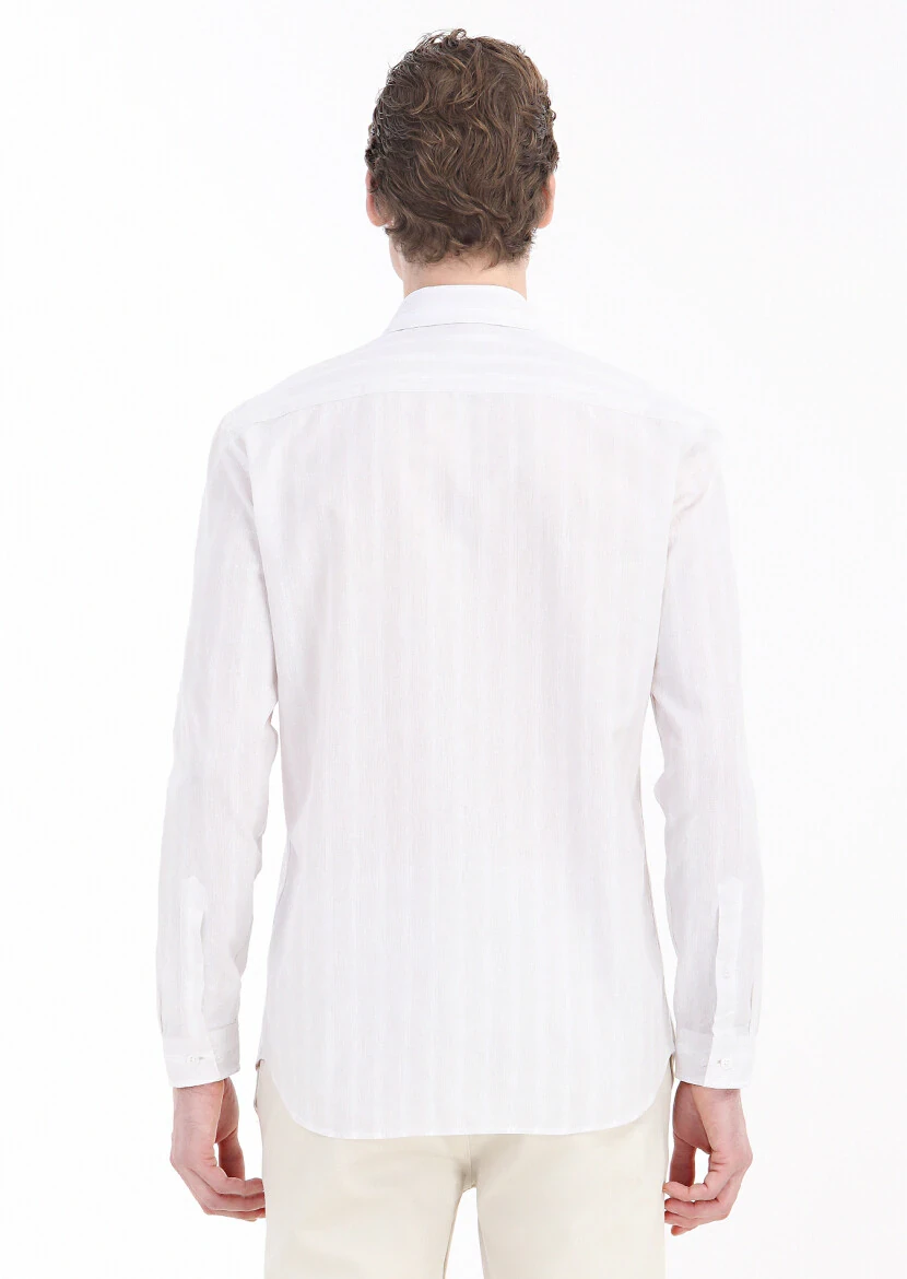 Ecru Striped Regular Fit Weaving Casual Cotton Blended Shirt - 5