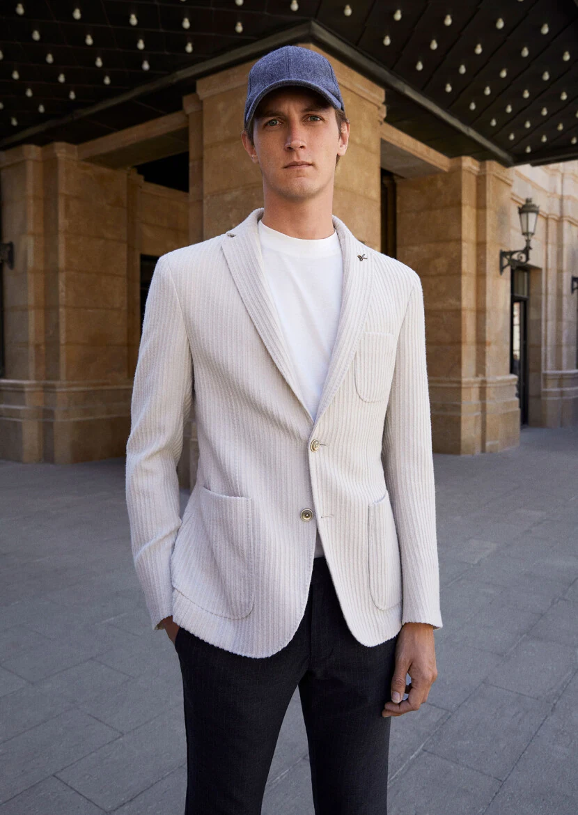 Ecru Striped Shirt Shoulder Slim Fit Wool Blended Jacket - RAMSEY