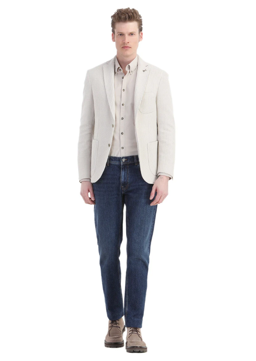 Ecru Striped Shirt Shoulder Slim Fit Wool Blended Jacket - RAMSEY