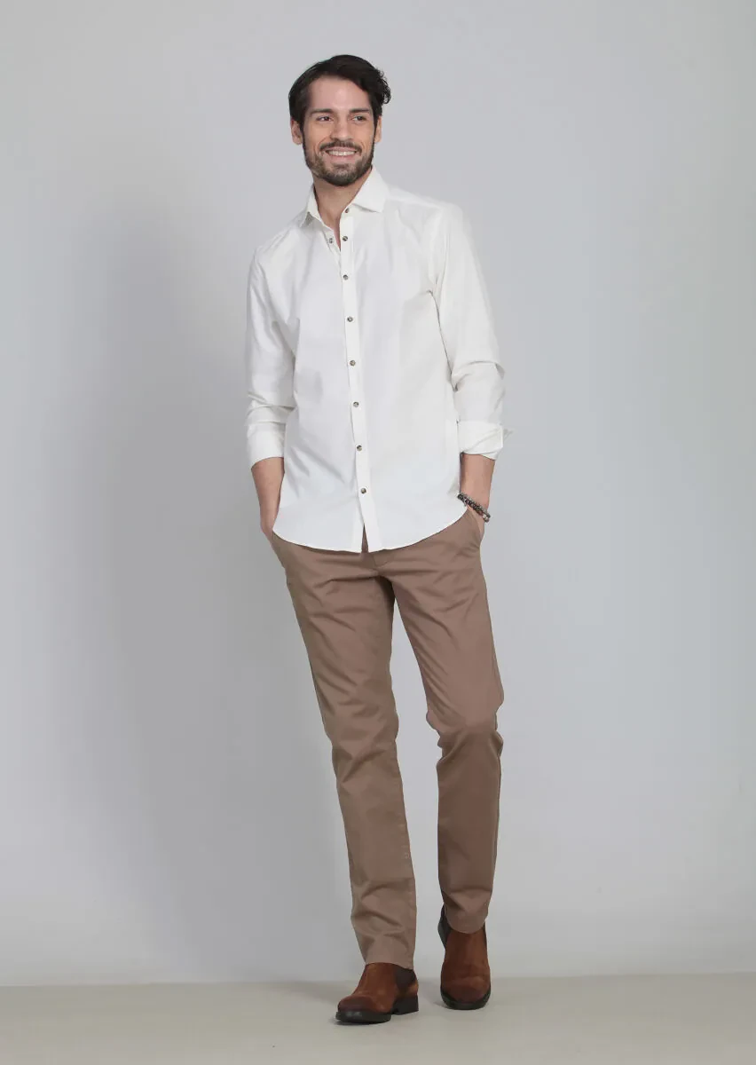 Ecru Striped Slim Fit Weaving Casual Cotton Blended Shirt - 2