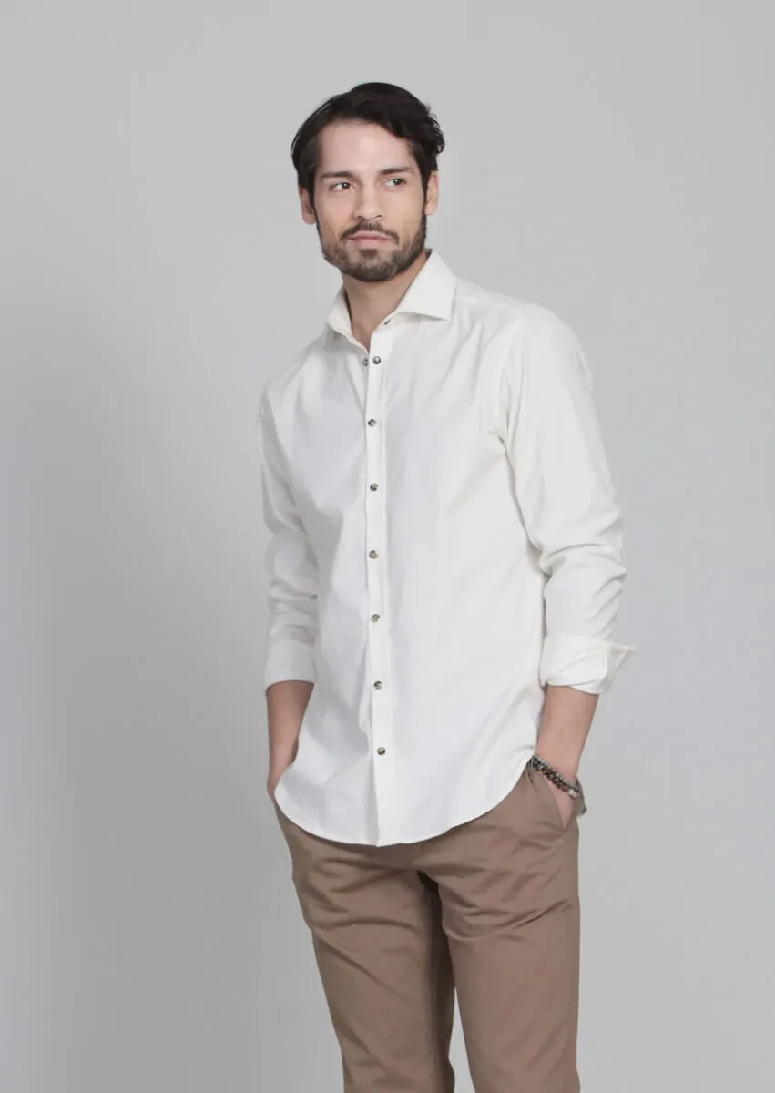 Ecru Striped Slim Fit Weaving Casual Cotton Blended Shirt - 3