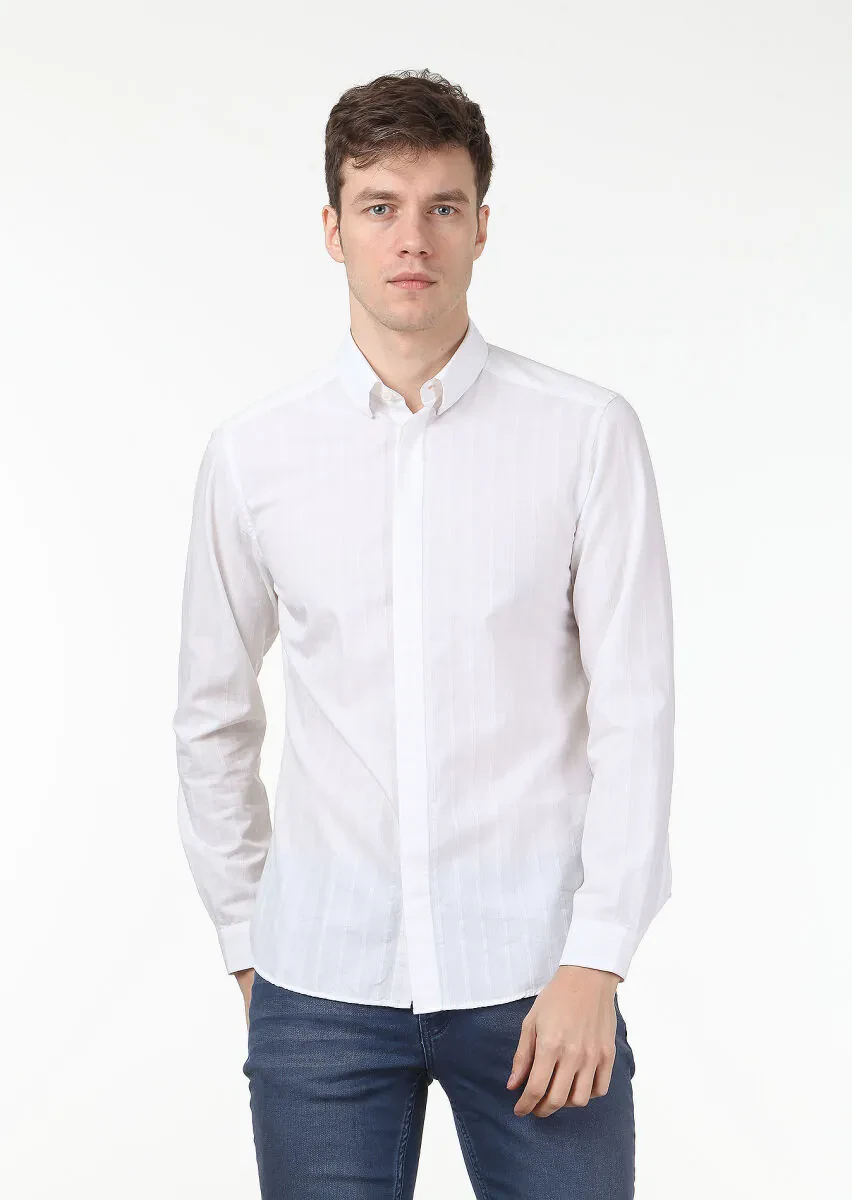 Ecru Striped Slim Fit Weaving Casual Cotton Blended Shirt - 1