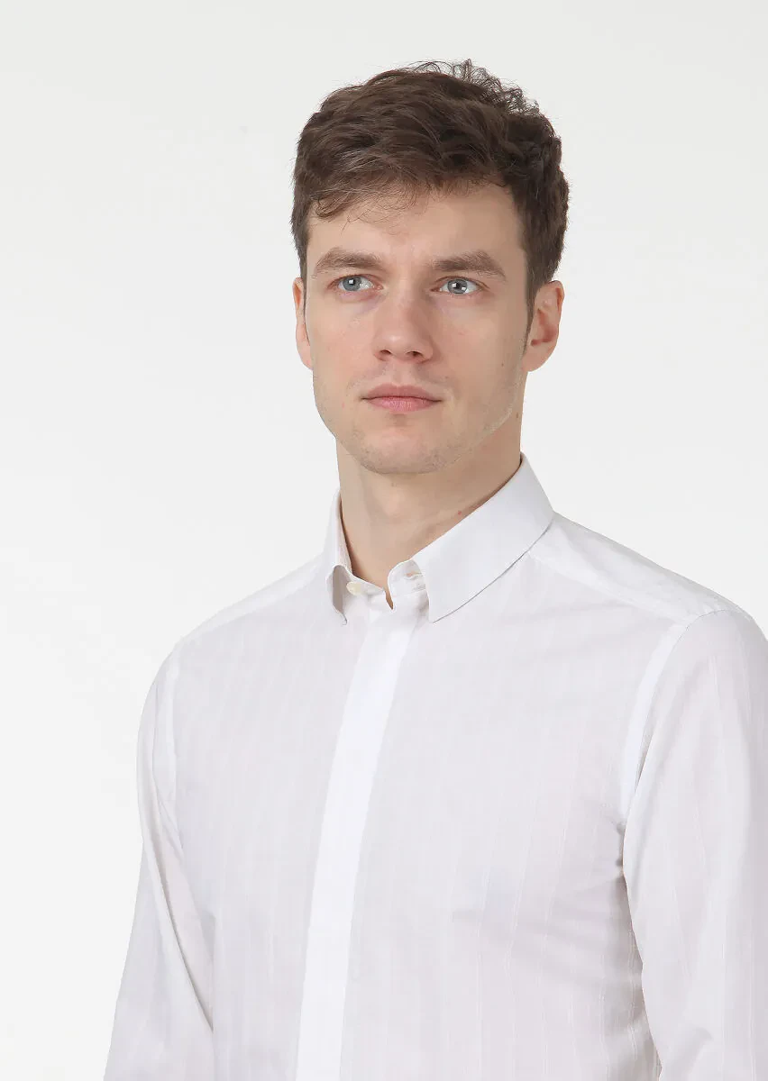 Ecru Striped Slim Fit Weaving Casual Cotton Blended Shirt - 2