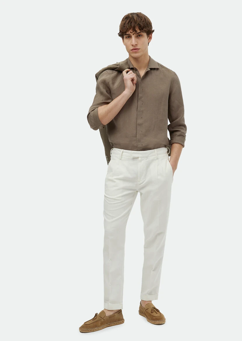 Ecru Weaving Carrot Fit Casual Cotton Blended Trousers - RAMSEY