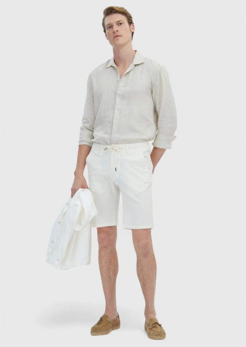 Ecru Weaving Jogging Fit Casual Cotton Blended Bermuda - RAMSEY