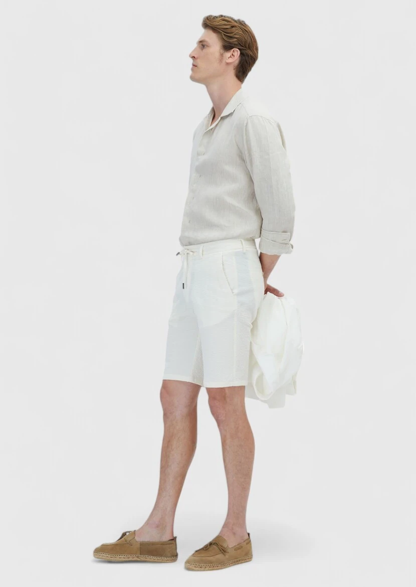 Ecru Weaving Jogging Fit Casual Cotton Blended Bermuda - RAMSEY