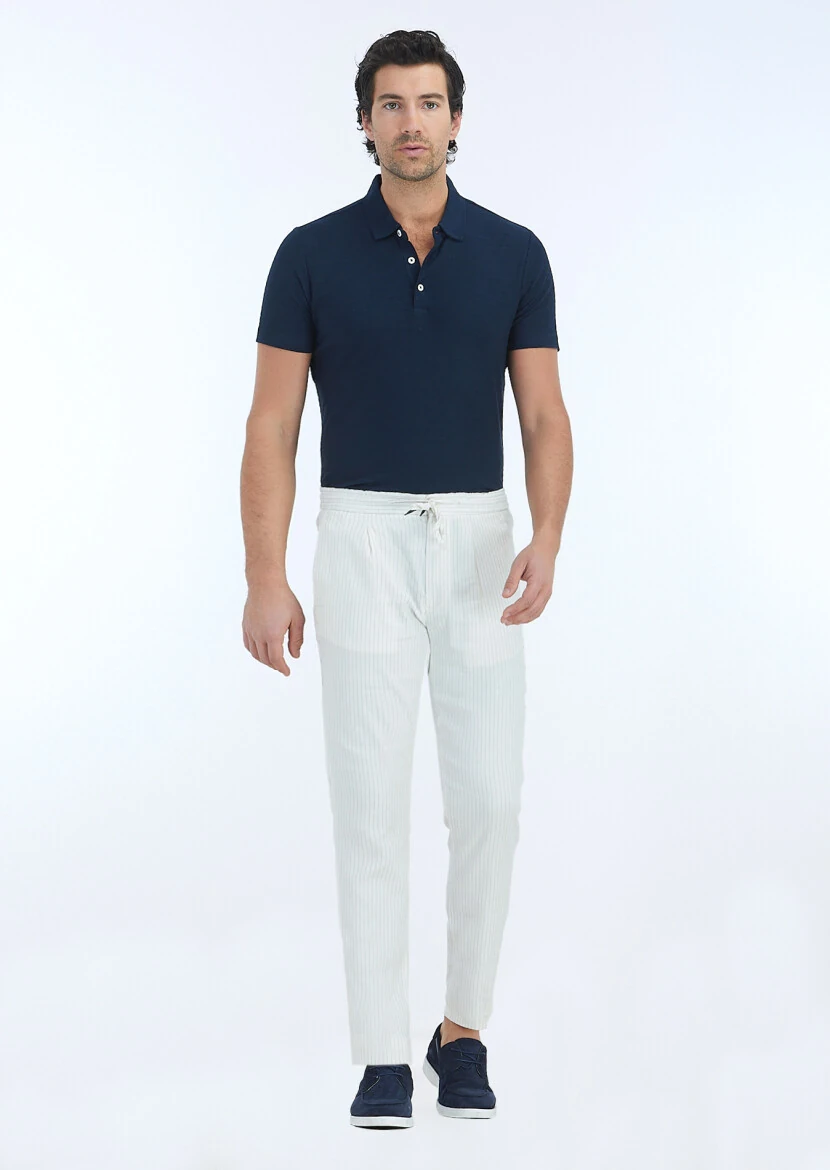 Ecru Weaving Jogging Fit Casual Linen Blended Trousers - RAMSEY