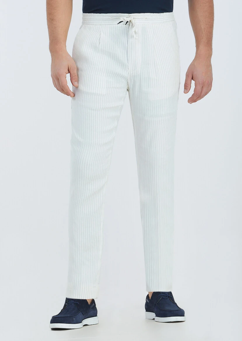 Ecru Weaving Jogging Fit Casual Linen Blended Trousers - RAMSEY