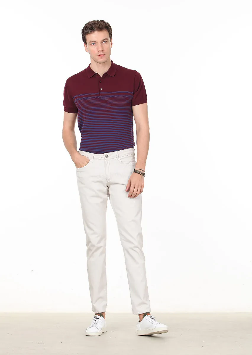 Ecru Weaving Slim Fit Casual 100% Cotton Trousers - 1