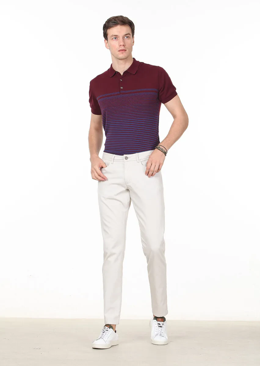 Ecru Weaving Slim Fit Casual 100% Cotton Trousers - 2