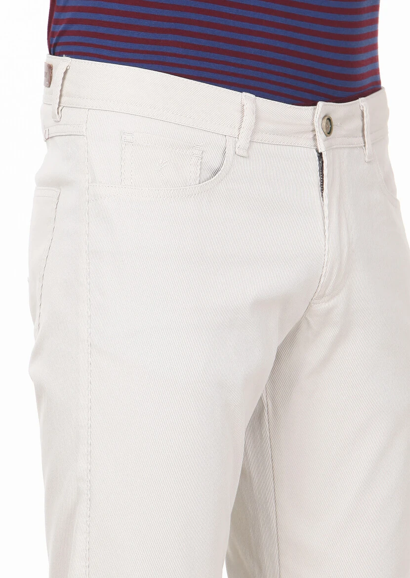Ecru Weaving Slim Fit Casual 100% Cotton Trousers - 3