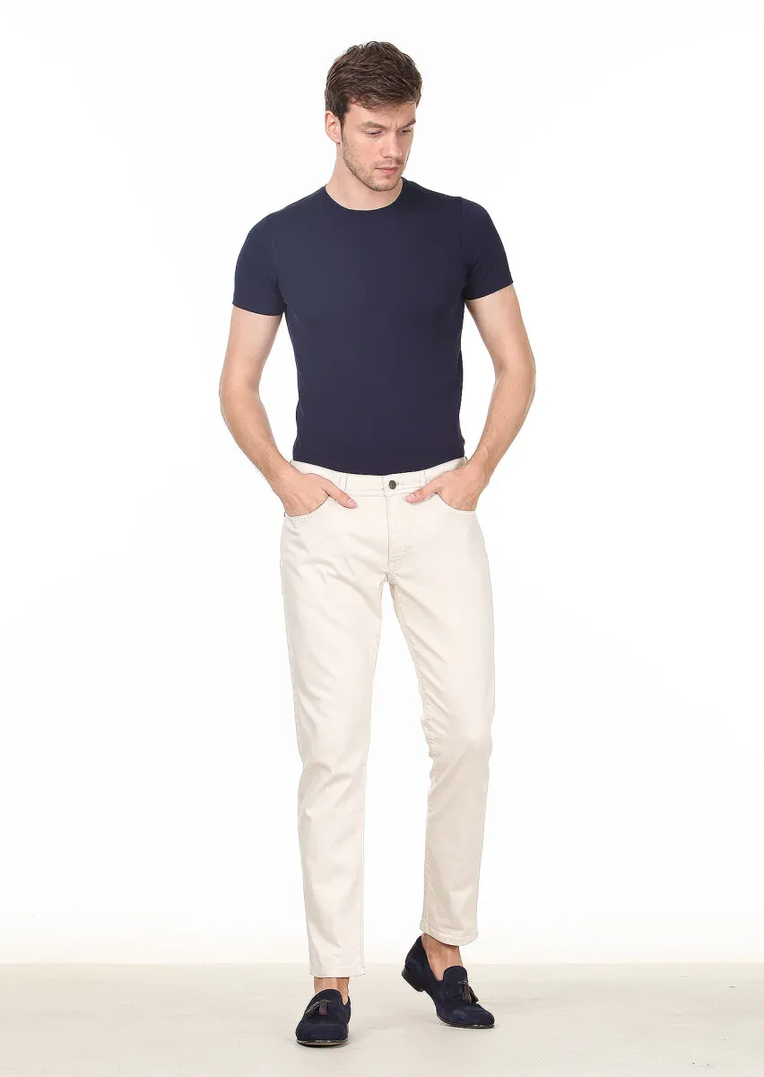 Ecru Weaving Slim Fit Casual Cotton Blended Trousers - 1