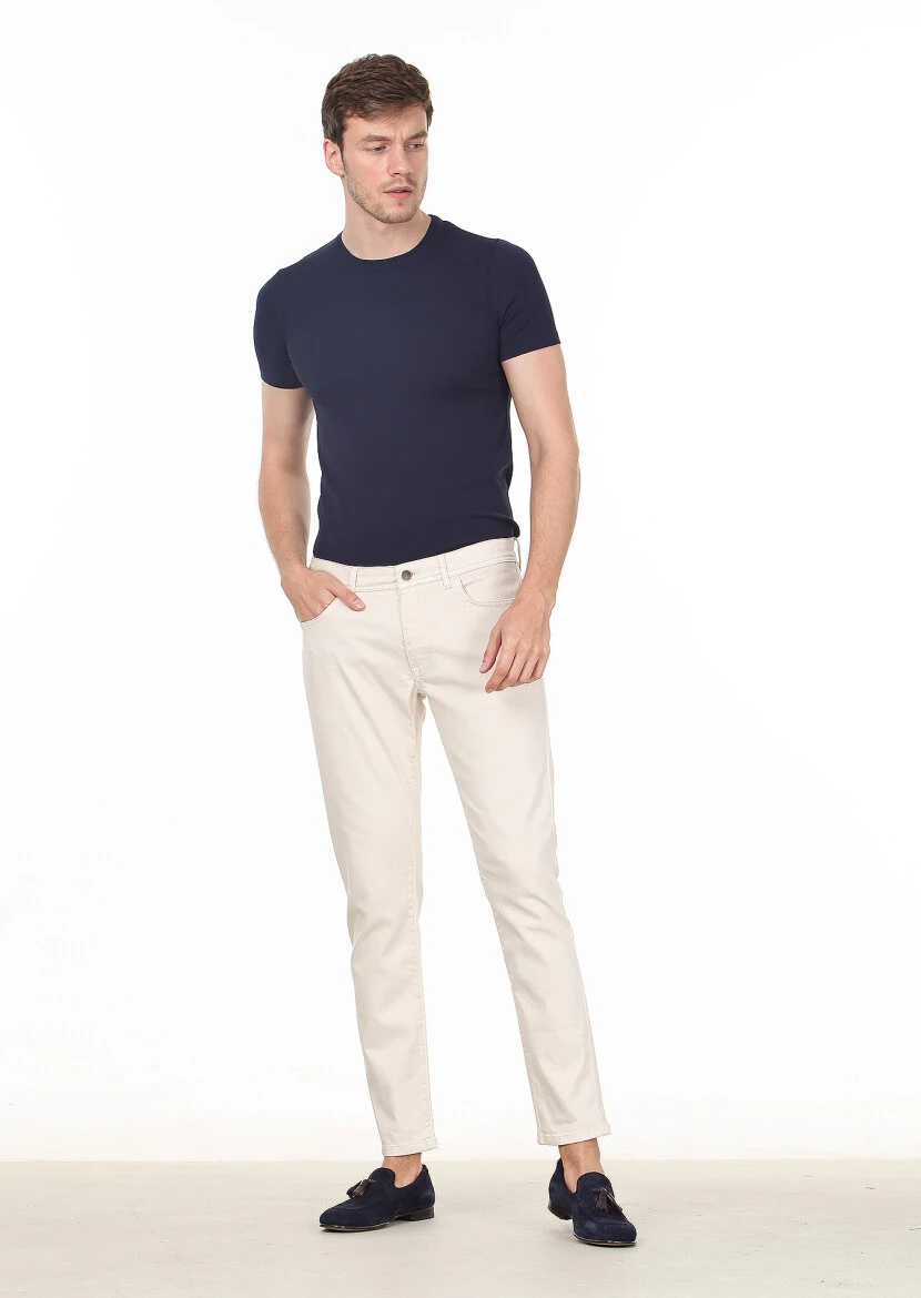Ecru Weaving Slim Fit Casual Cotton Blended Trousers 