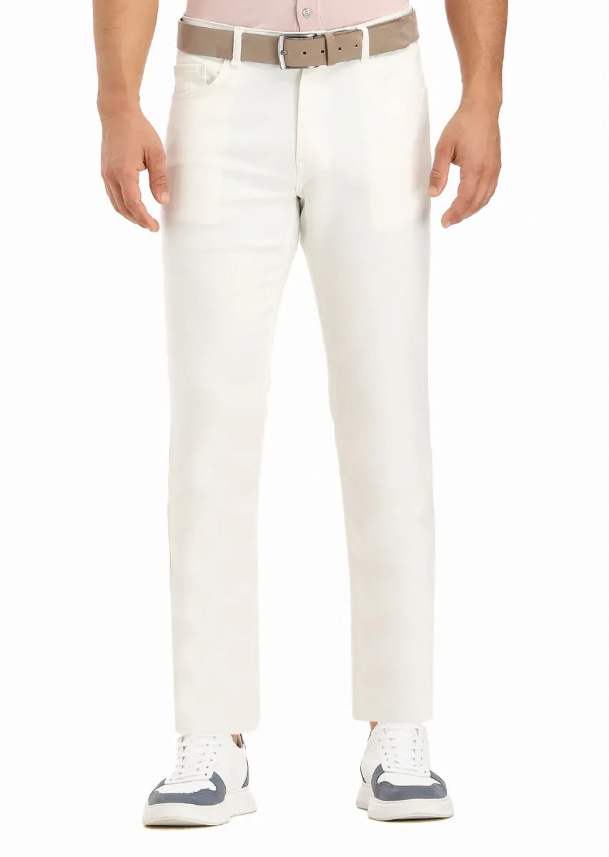 Ecru Weaving Slim Fit Casual Cotton Blended Trousers - 3