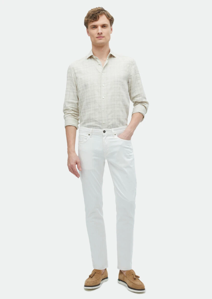 Ecru Weaving Slim Fit Casual Cotton Blended Trousers - RAMSEY