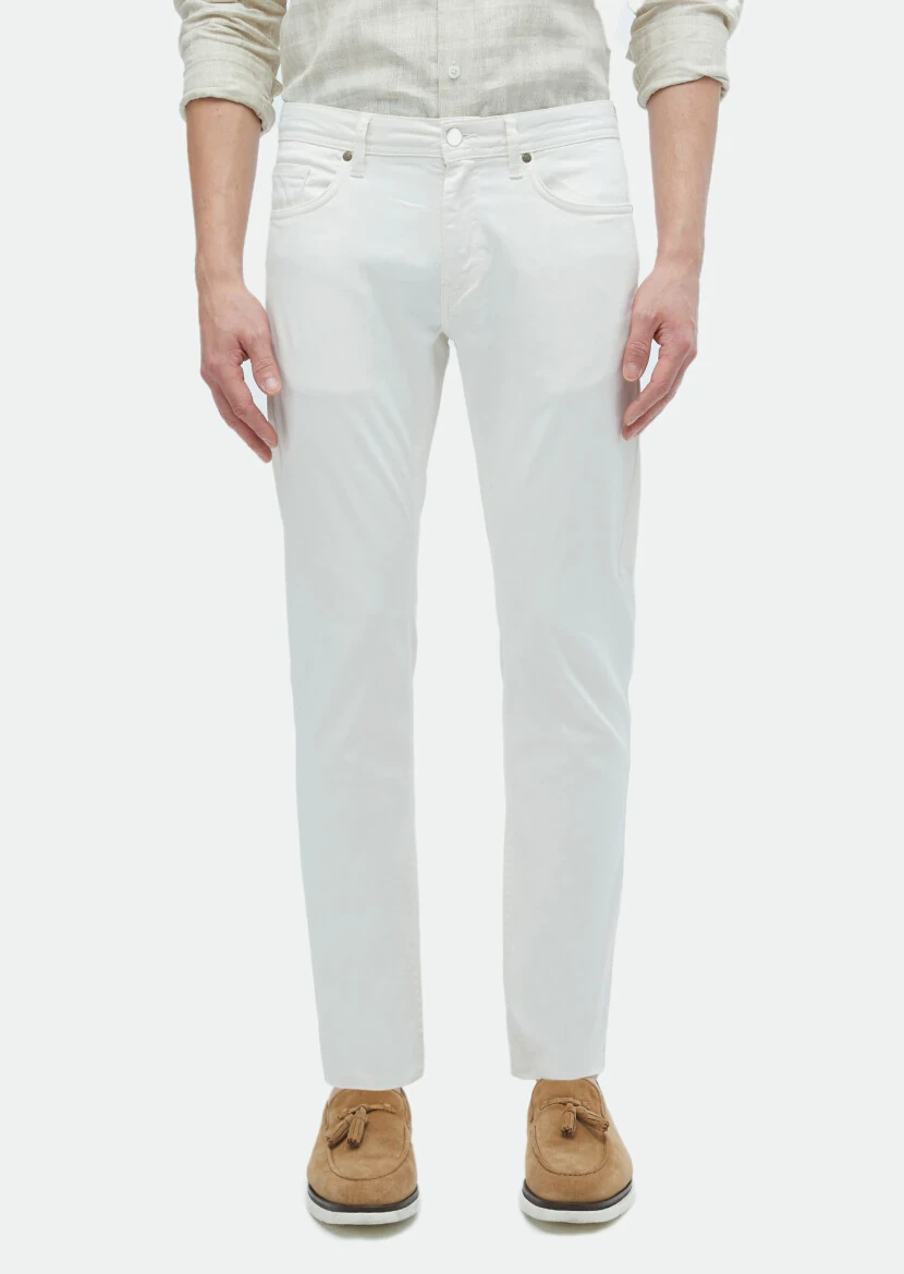 Ecru Weaving Slim Fit Casual Cotton Blended Trousers - RAMSEY