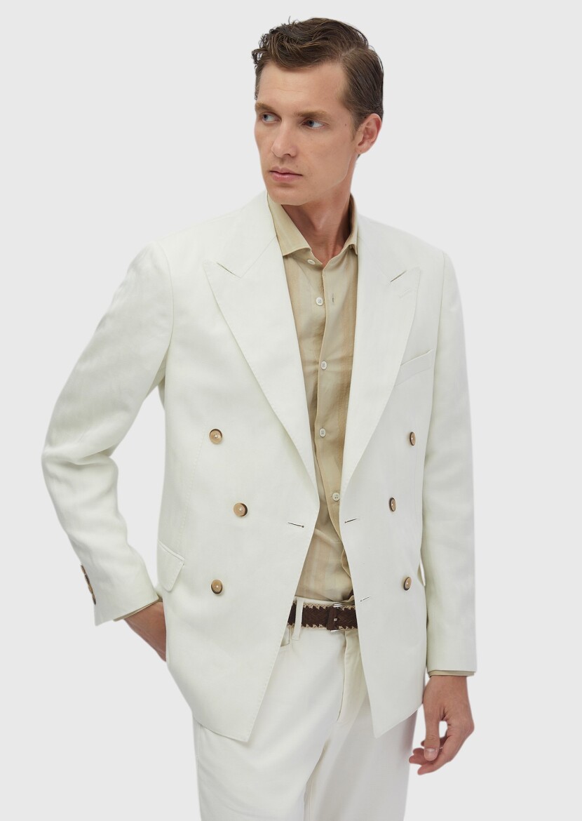 Ecru Zeroweight Slim Fit Linen Blended Jacket - 4