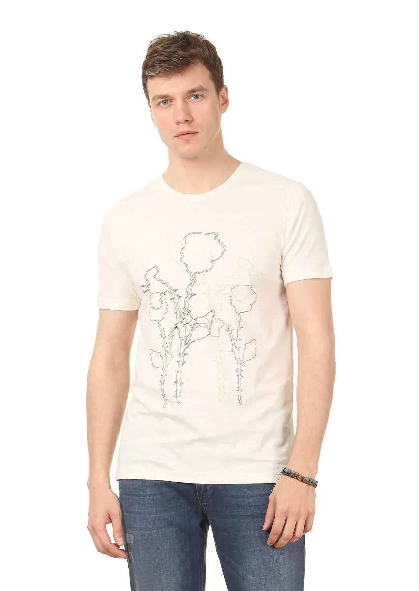 Ekru Baskılı %100 Pamuk T-Shirt - 1