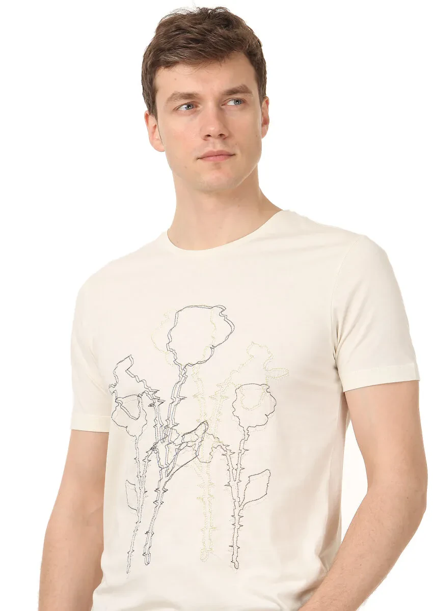 Ekru Baskılı %100 Pamuk T-Shirt - 2