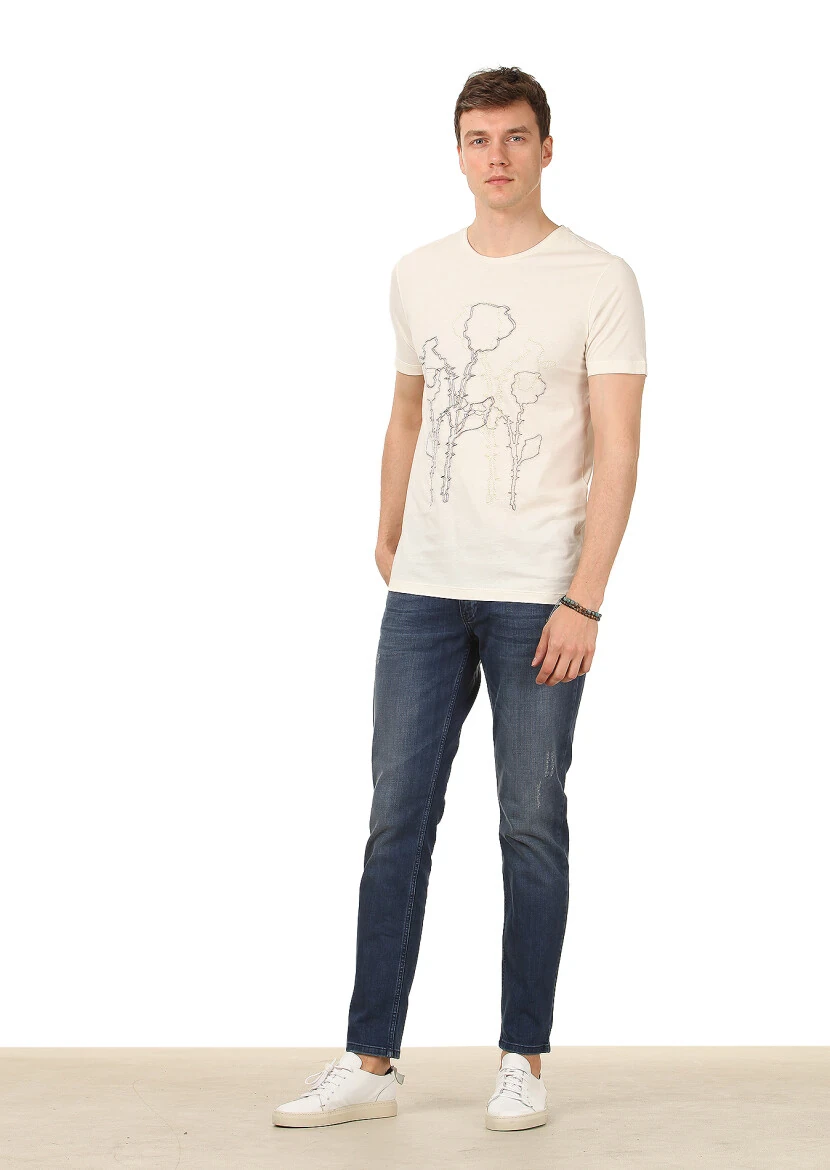 Ekru Baskılı %100 Pamuk T-Shirt - 3