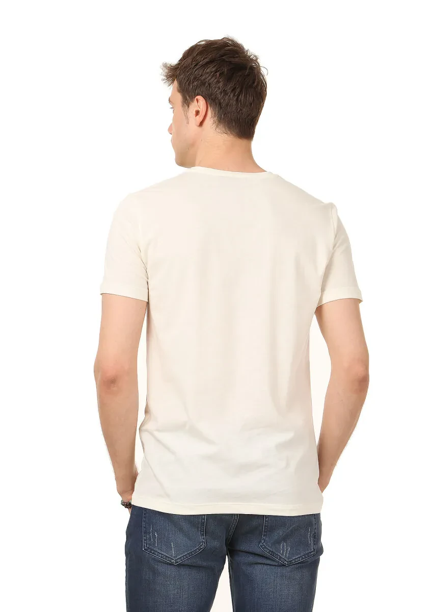 Ekru Baskılı %100 Pamuk T-Shirt - 4