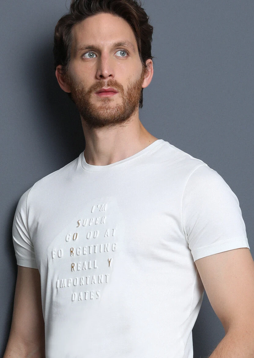 Ekru Baskılı %100 Pamuk T-Shirt 