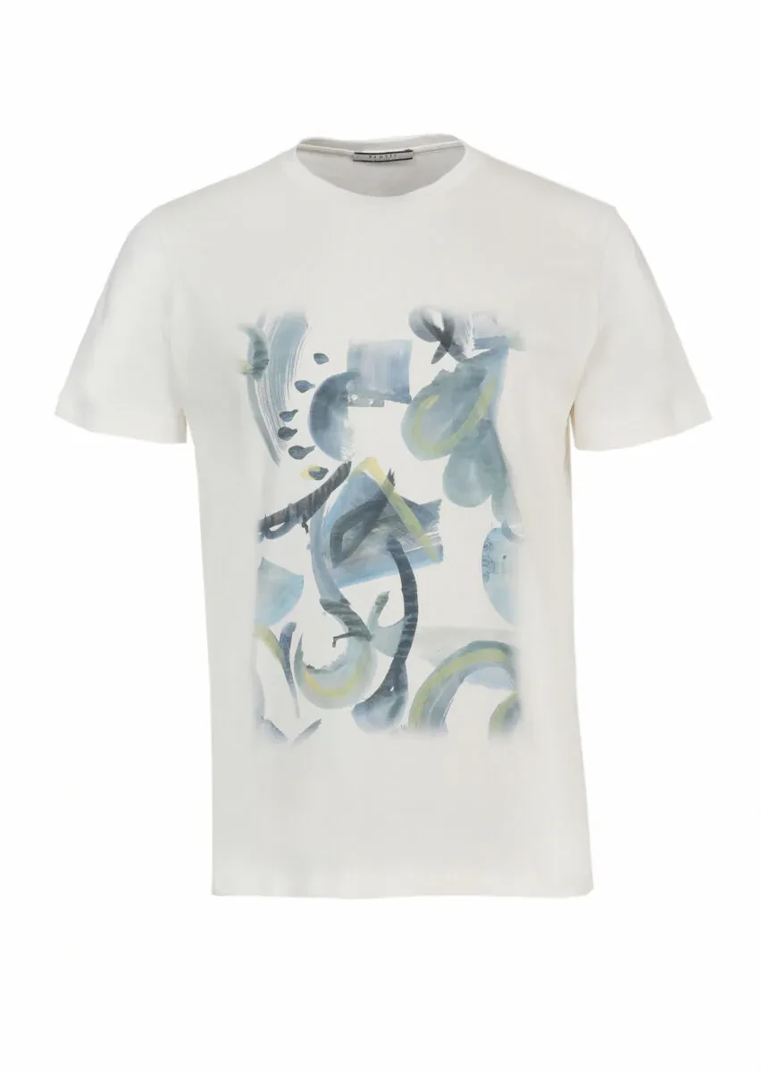 Ekru Baskılı Bisiklet Yaka %100 Pamuk T-Shirt - 6