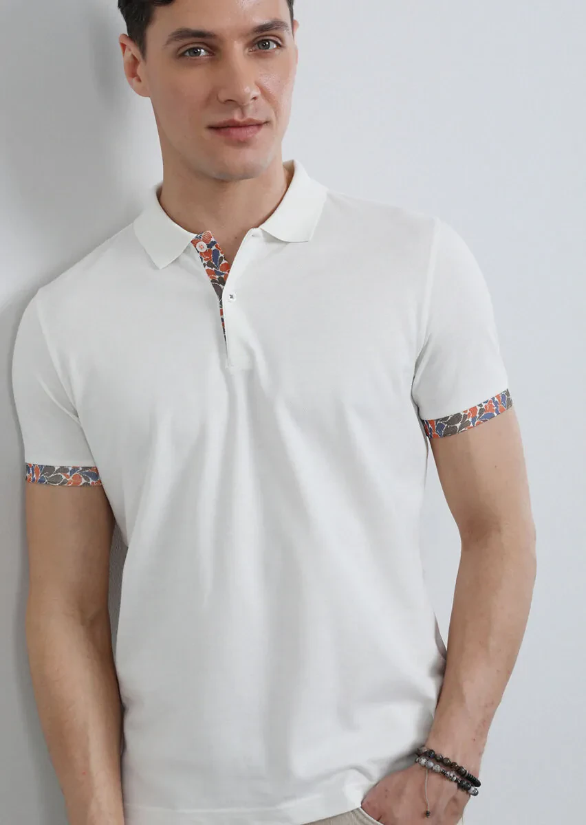 Ekru Baskılı Polo Yaka %100 Pamuk T-Shirt - 1