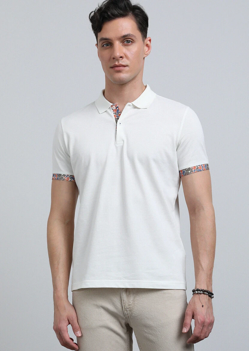 Ekru Baskılı Polo Yaka %100 Pamuk T-Shirt - 2