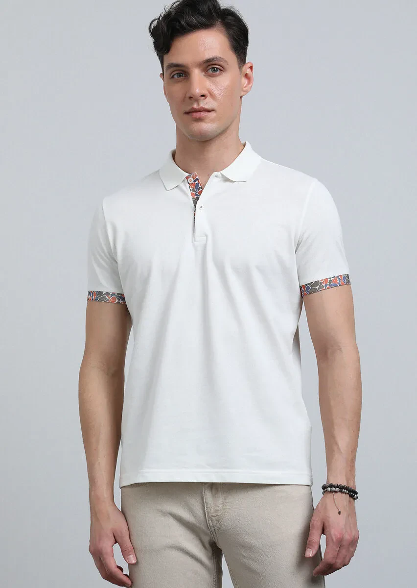 Ekru Baskılı Polo Yaka %100 Pamuk T-Shirt - 2