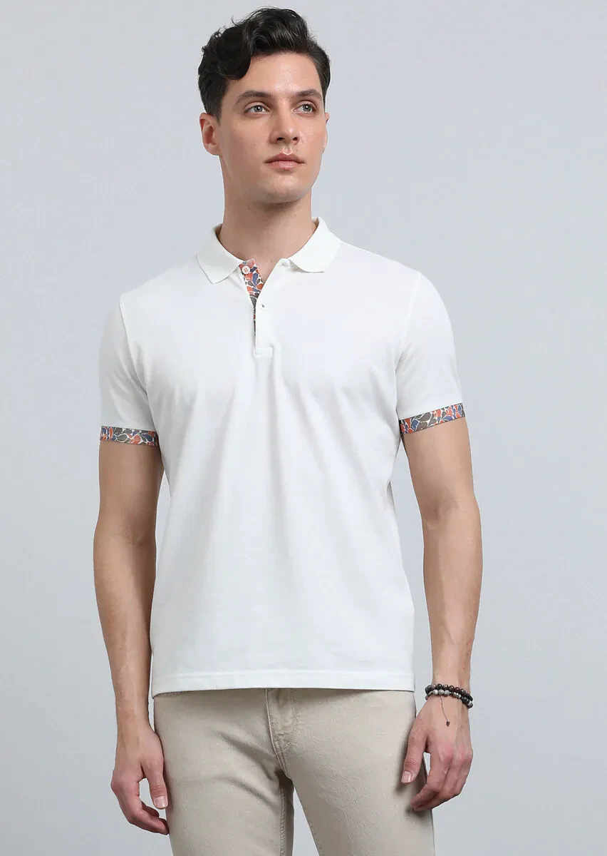 Ekru Baskılı Polo Yaka %100 Pamuk T-Shirt - 3