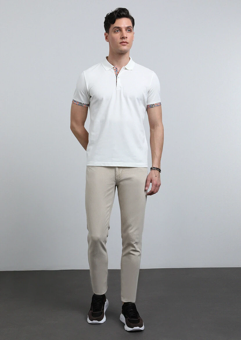 Ekru Baskılı Polo Yaka %100 Pamuk T-Shirt - 4