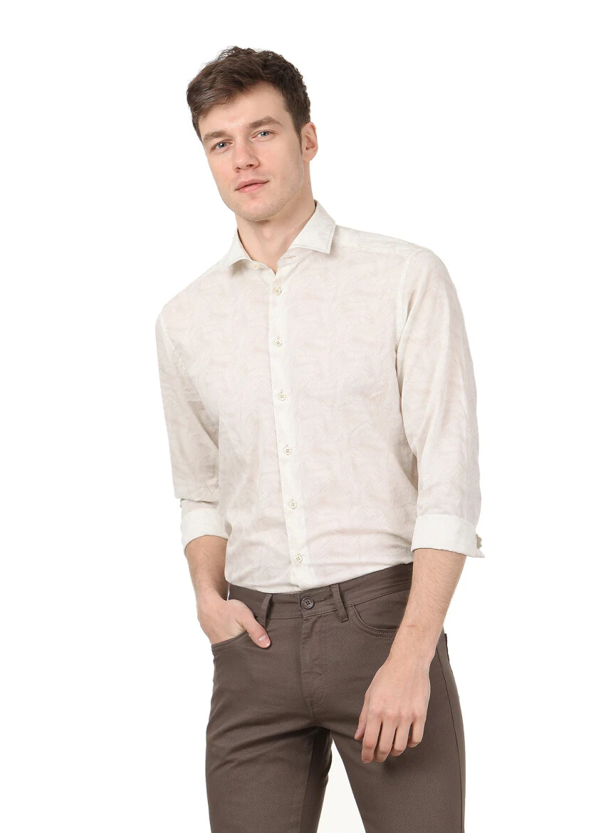 Ekru Baskılı Regular Fit Dokuma Casual %100 Pamuk Gömlek - 1