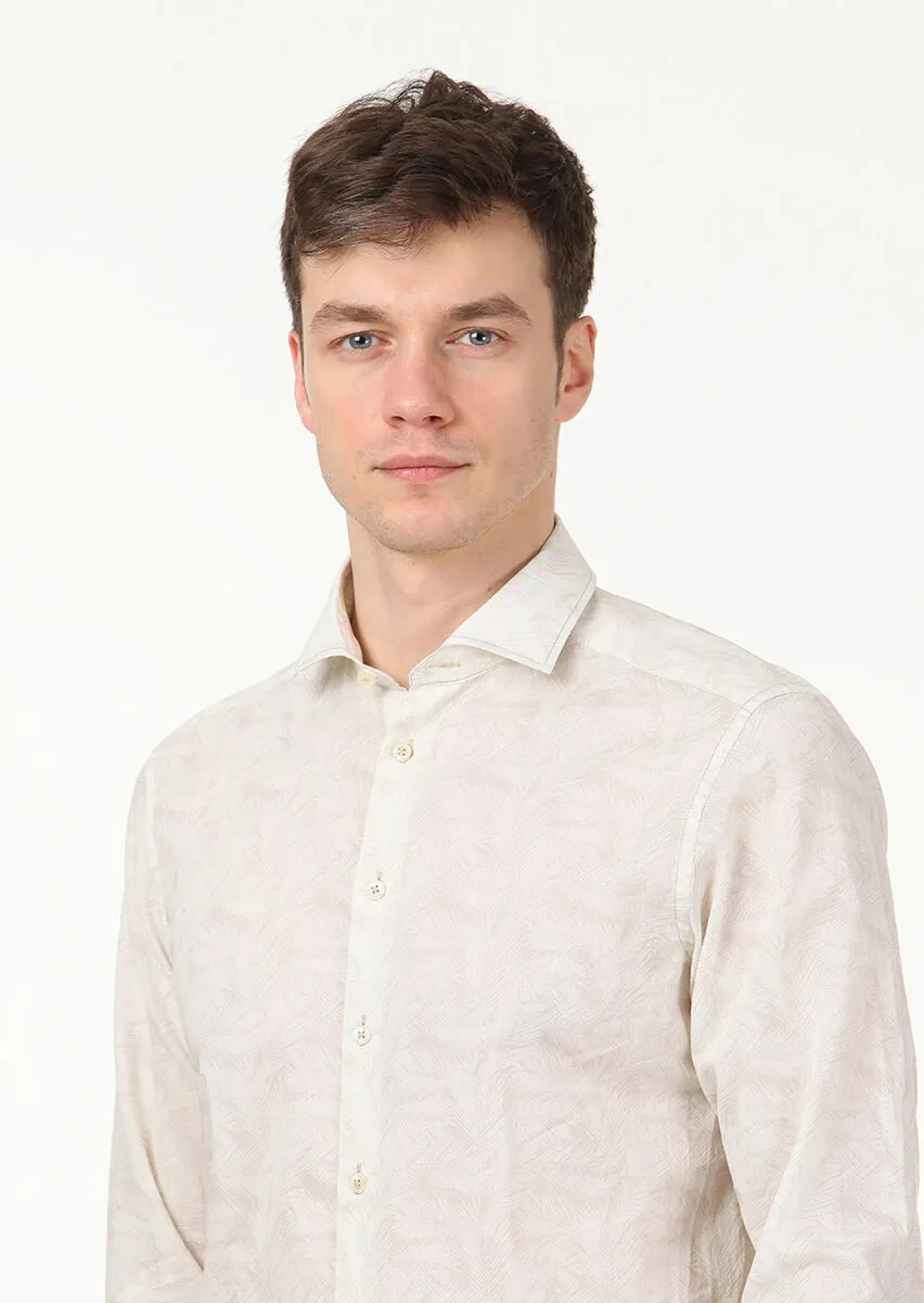 Ekru Baskılı Regular Fit Dokuma Casual %100 Pamuk Gömlek - 3