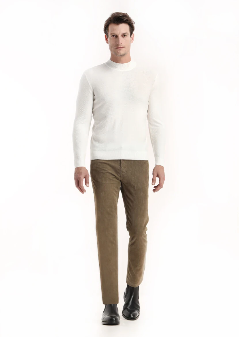 Ekru Bato Yaka Jakarlı Triko Kazak - 1