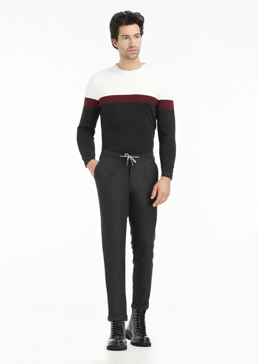 Ekru Bisiklet Yaka Çizgili Yün Karışımlı Triko Kazak - 1