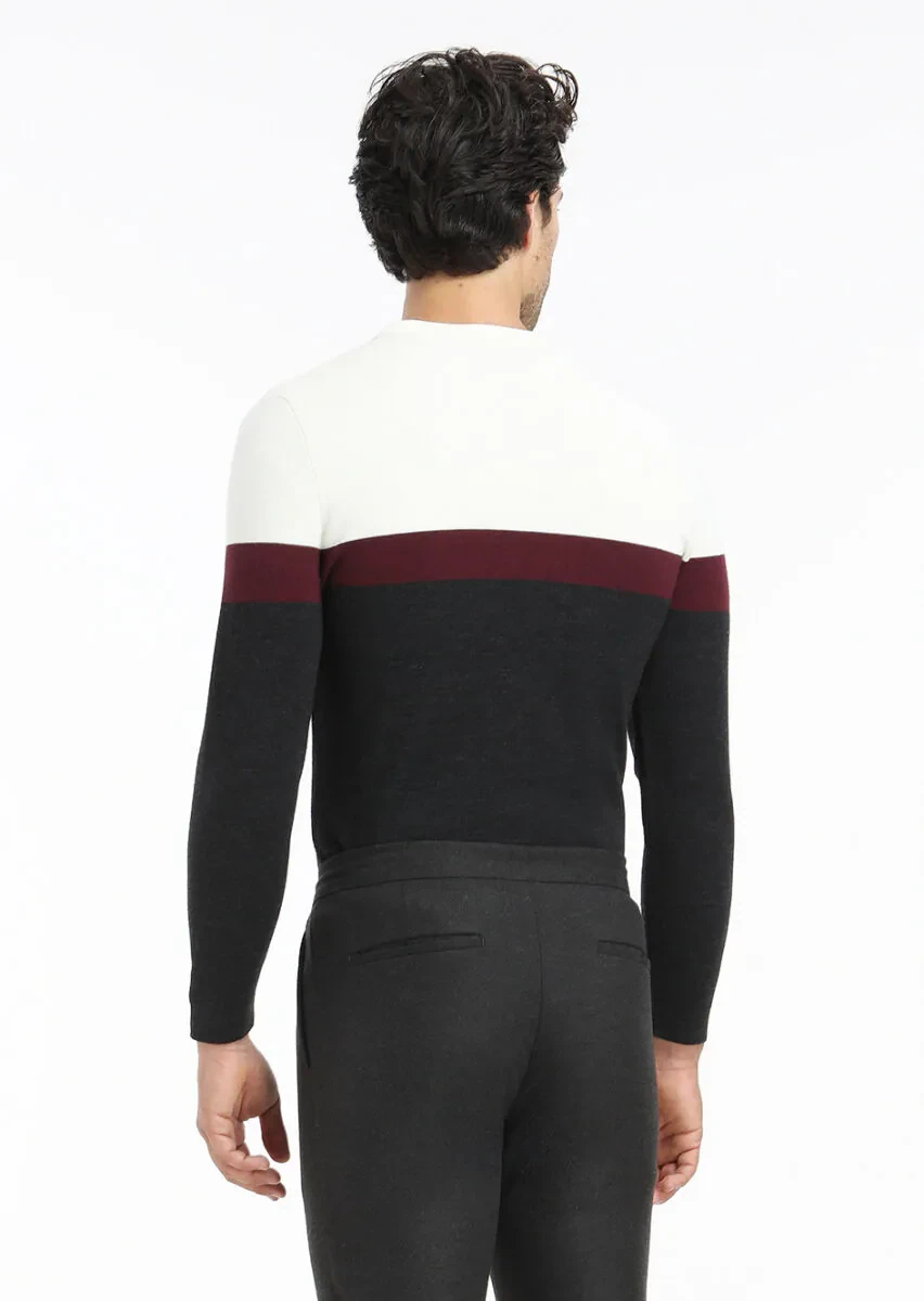 Ekru Bisiklet Yaka Çizgili Yün Karışımlı Triko Kazak - 5