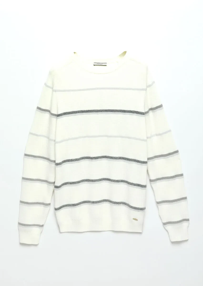 Ekru Bisiklet Yaka Çizgili Yün Karışımlı Triko Kazak - 7