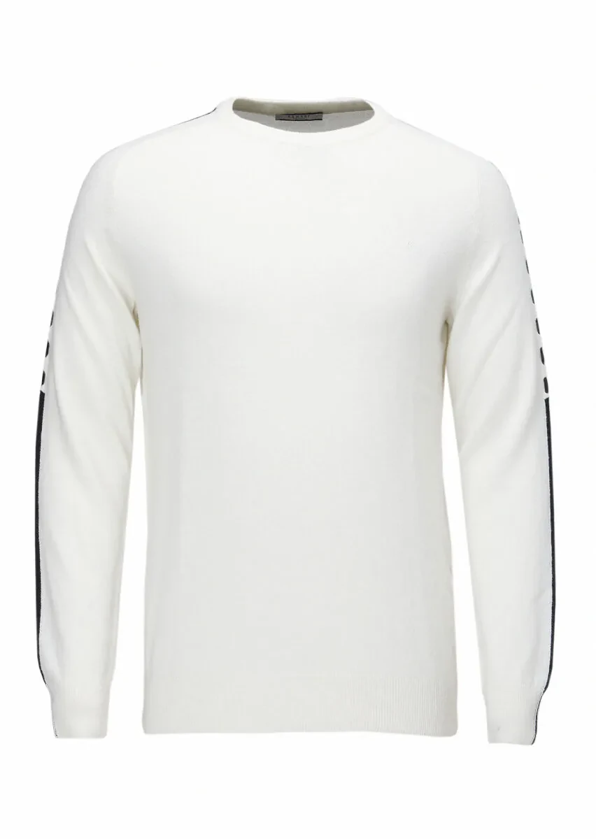 Ekru Bisiklet Yaka Düz Örgü Yün Karışımlı Triko Kazak - 1