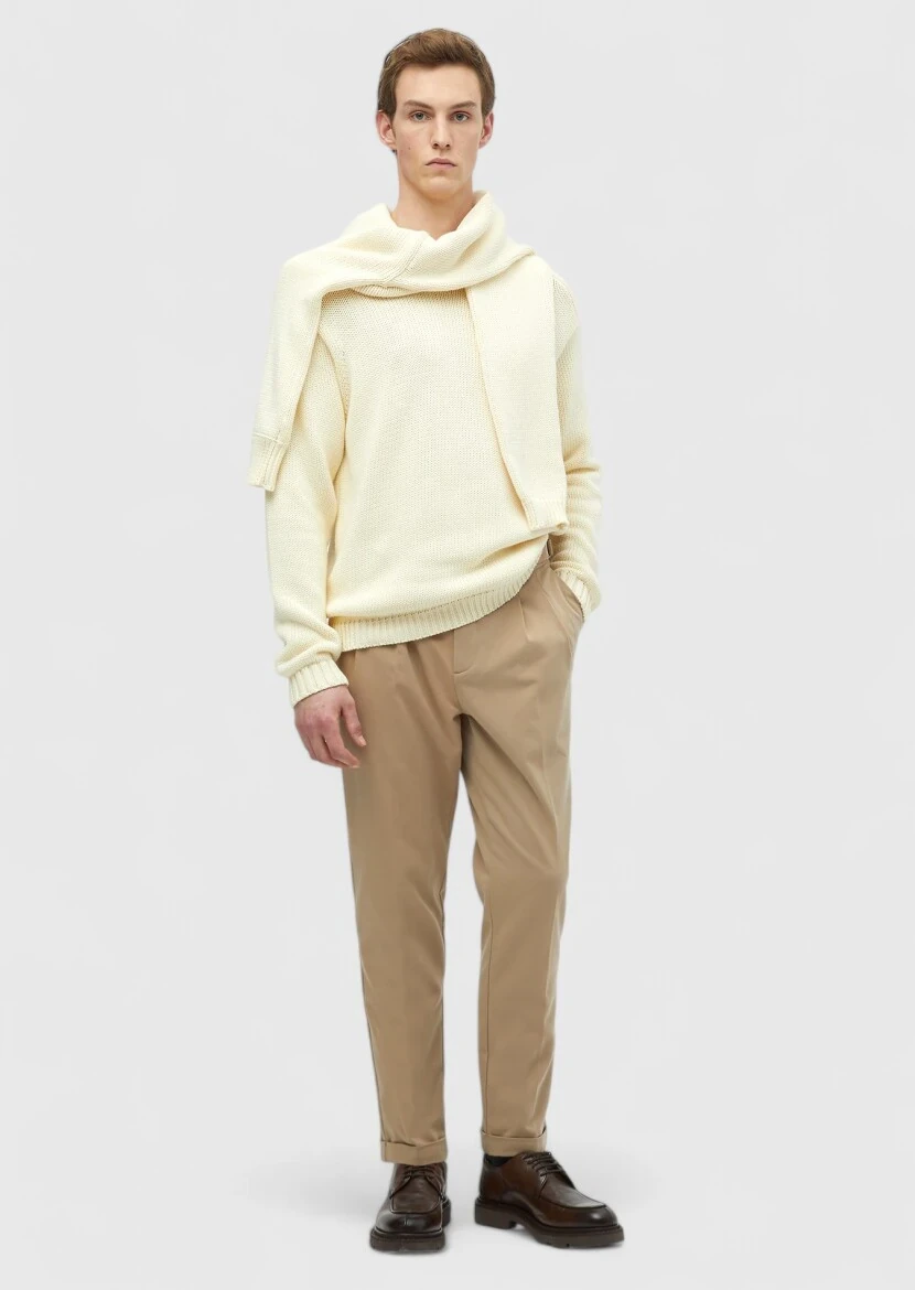 Ekru Bisiklet Yaka Selanik %100 Pamuk Triko Kazak 