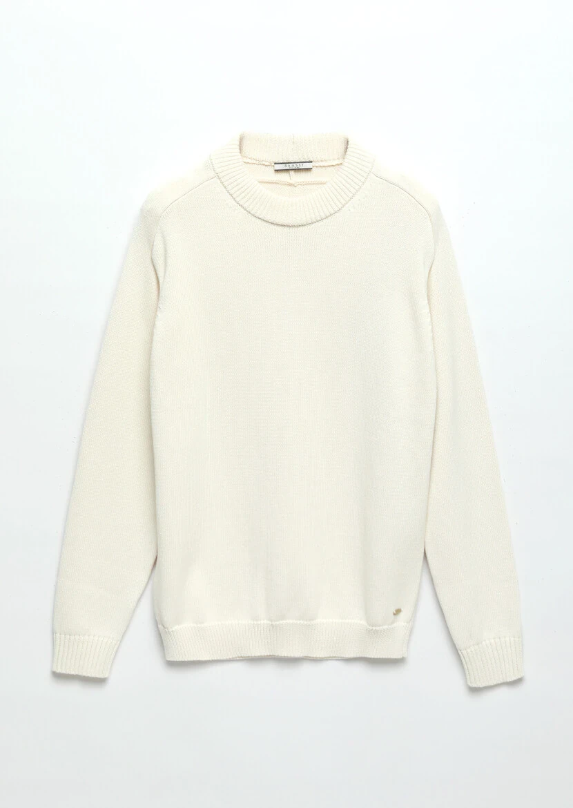 Ekru Bisiklet Yaka Selanik %100 Pamuk Triko Kazak - 7