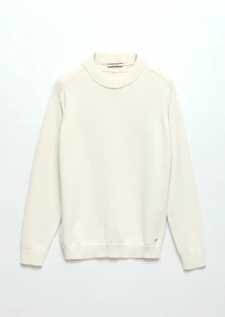 Ekru Bisiklet Yaka Selanik %100 Pamuk Triko Kazak - 7