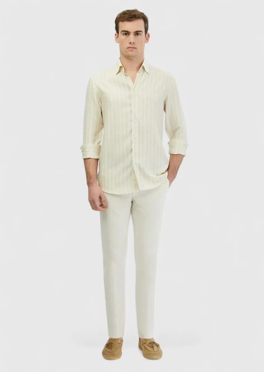 Ekru Çizgili Casual Fit Dokuma Casual Gömlek - 2