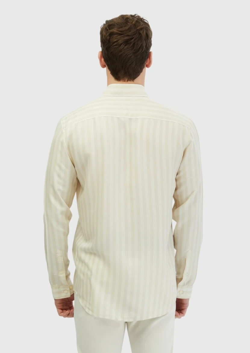 Ekru Çizgili Casual Fit Dokuma Casual Gömlek - 5