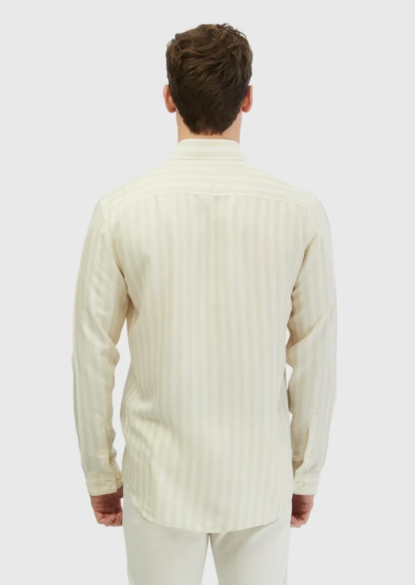 Ekru Çizgili Casual Fit Dokuma Casual Gömlek - 5