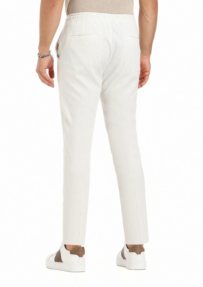 Ekru Çizgili Dokuma Jogging Fit Casual Pamuk Karışımlı Pantolon - 4