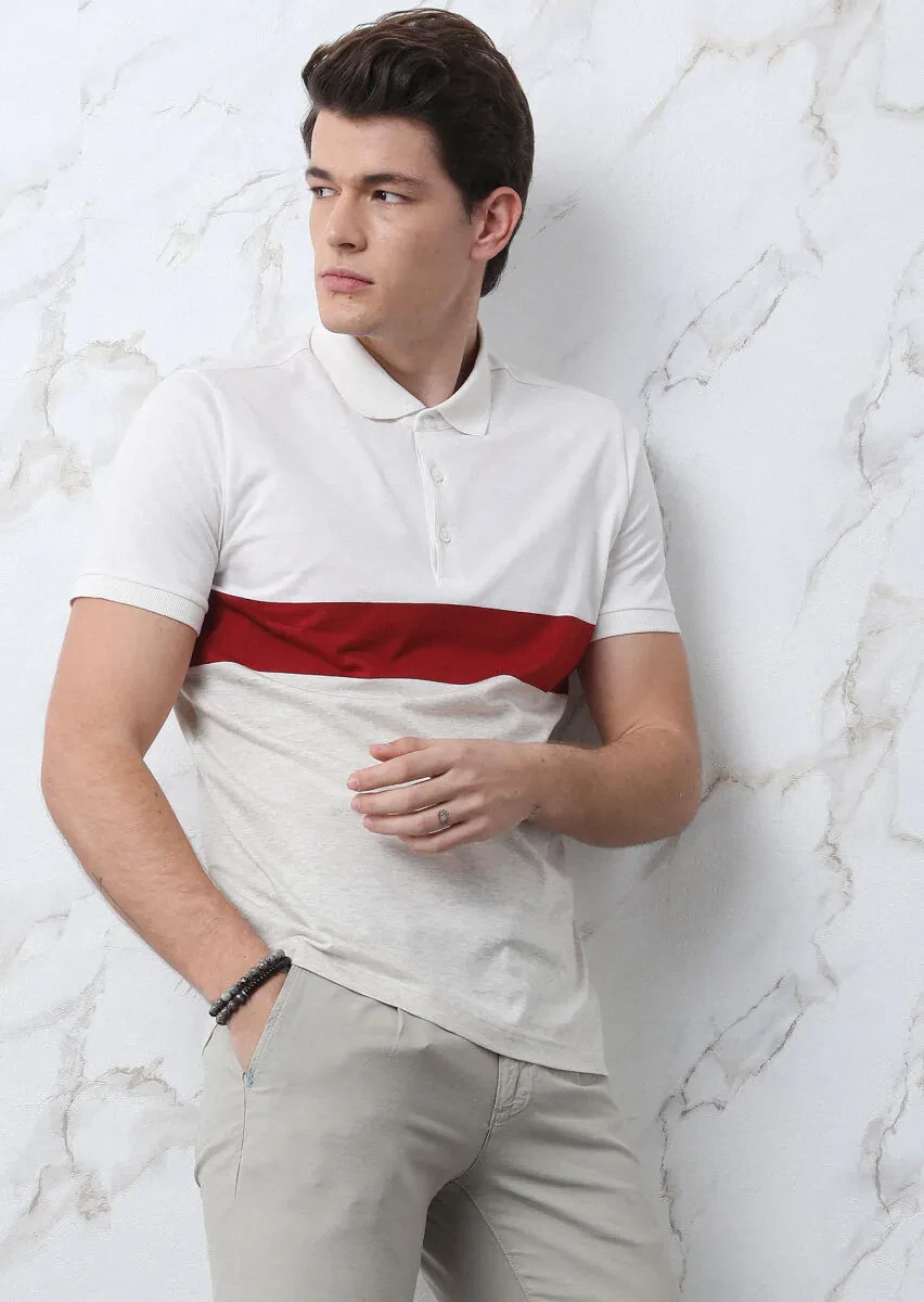 Ekru Çizgili Polo Yaka %100 Pamuk T-Shirt - 1