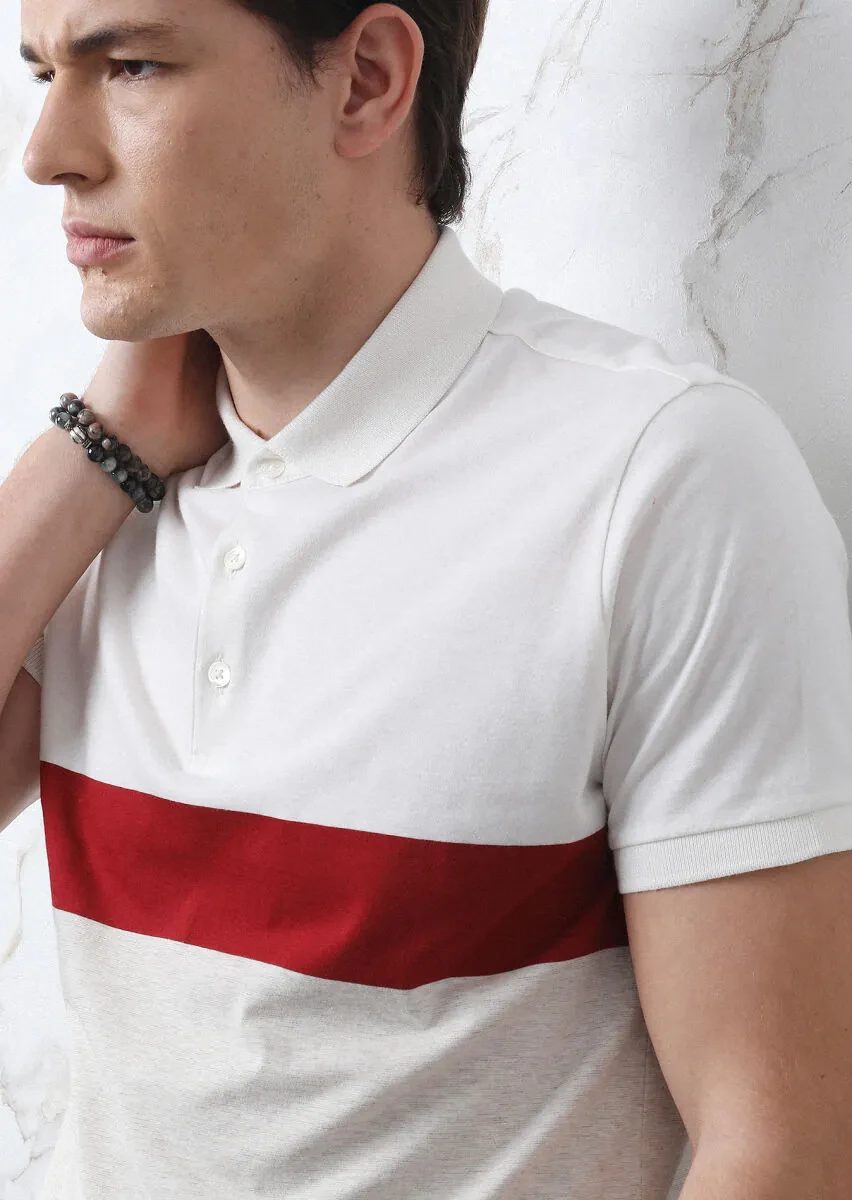 Ekru Çizgili Polo Yaka %100 Pamuk T-Shirt - 3